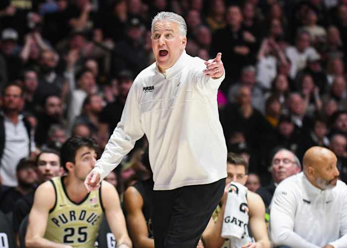 Feb 15, 2024; West Lafayette, Indiana, USA; Purdue Boilermakers head coach Matt Painter argues a call against the Minnesota Golden Gophers during the second half at Mackey Arena.
